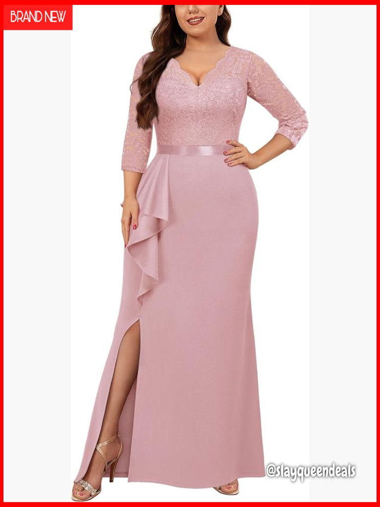 Plus Size Vintage Lace Ruffle V Neck Maxi Dress - 3/4 Sleeve Formal